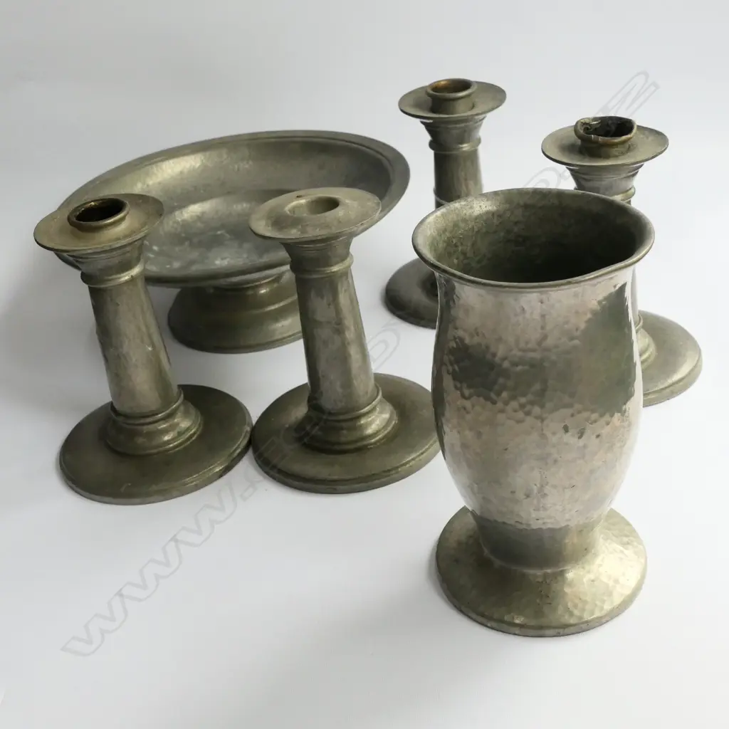 6 PCES TUDRIC PEWTER; 4 LIBERTY MARKED CANDLESTICKS, BOWL AND VASE Image 1++
