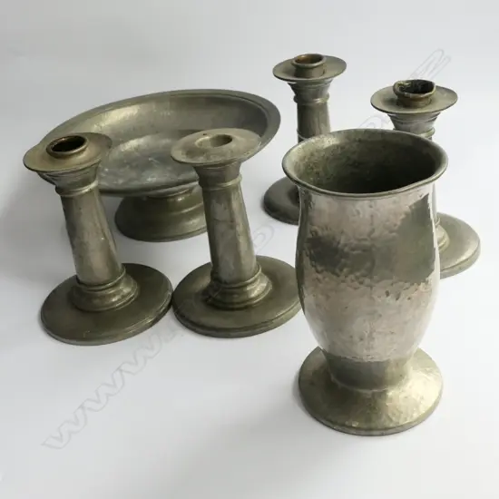 6 PCES TUDRIC PEWTER; 4 LIBERTY MARKED CANDLESTICKS, BOWL AND VASE