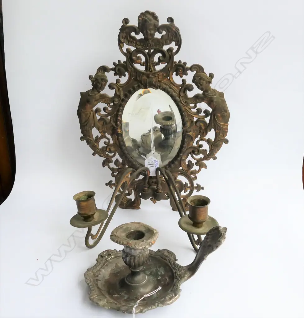 GILT IRON MIRRORED CANDLE SCONCE + CHAMBER CANDLE HOLDER, BOTH C.1890-1900 Image 1++