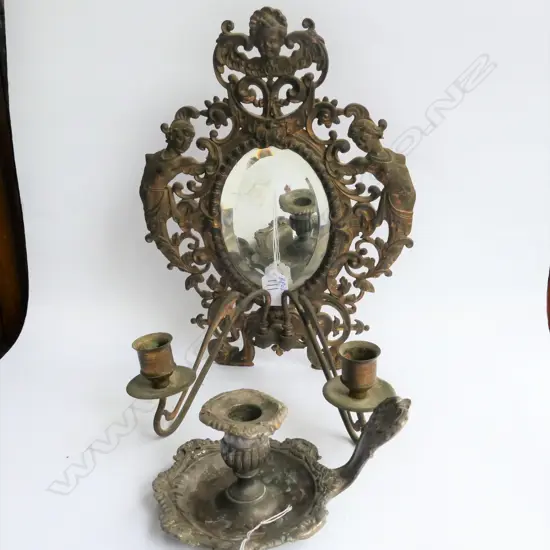 GILT IRON MIRRORED CANDLE SCONCE + CHAMBER CANDLE HOLDER, BOTH C.1890-1900