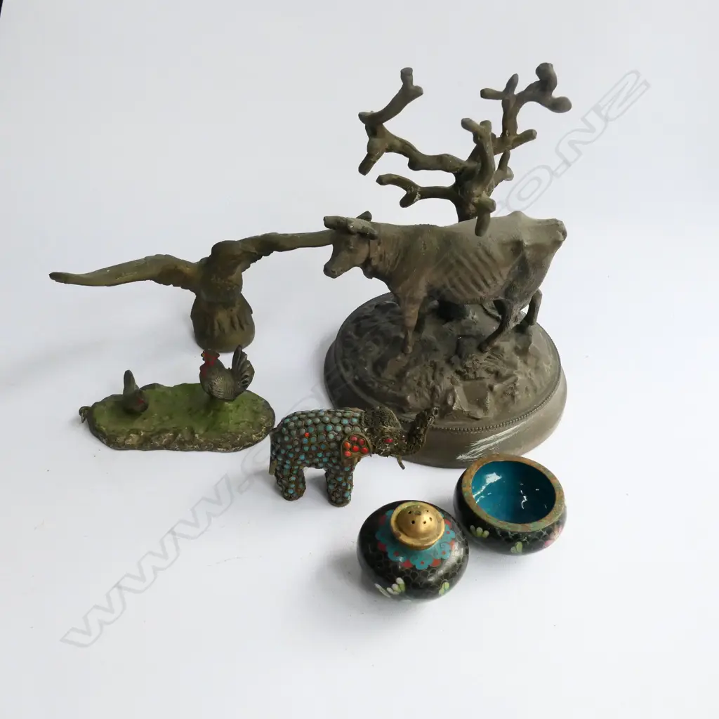 BOX LOT SPELTER METAL PCES; CLOISONNE ETC Image 1++