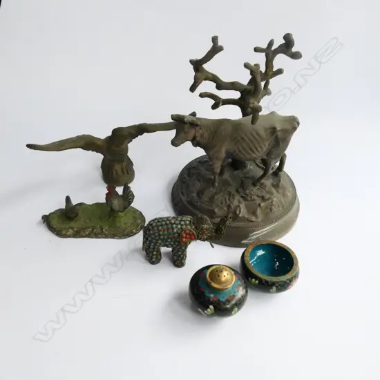 BOX LOT SPELTER METAL PCES; CLOISONNE ETC