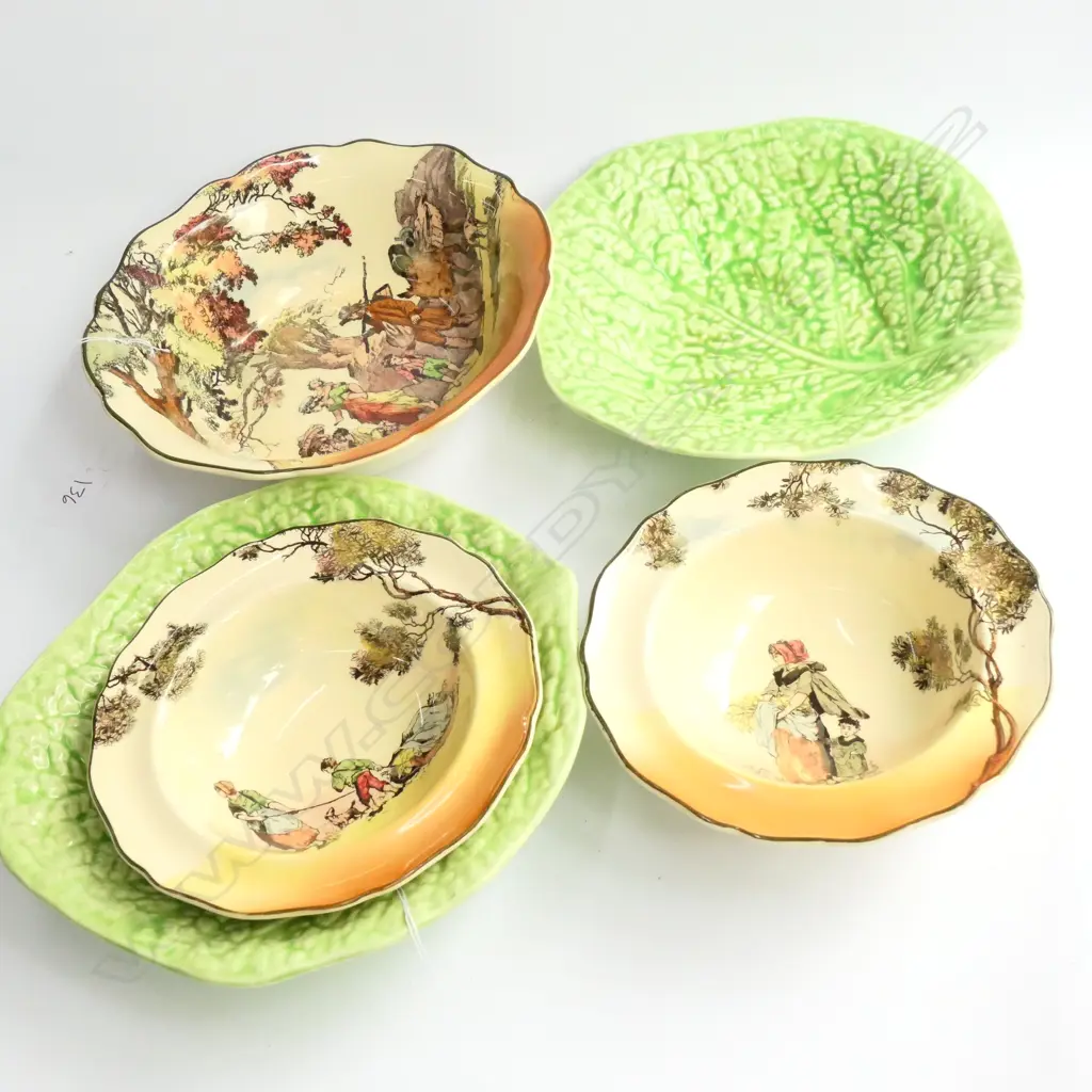 THREE R/DOULTON 'THE GLEANERS' BOWLS + 2 CAGGABE LEAF BOWLS/PLATES Image 1++