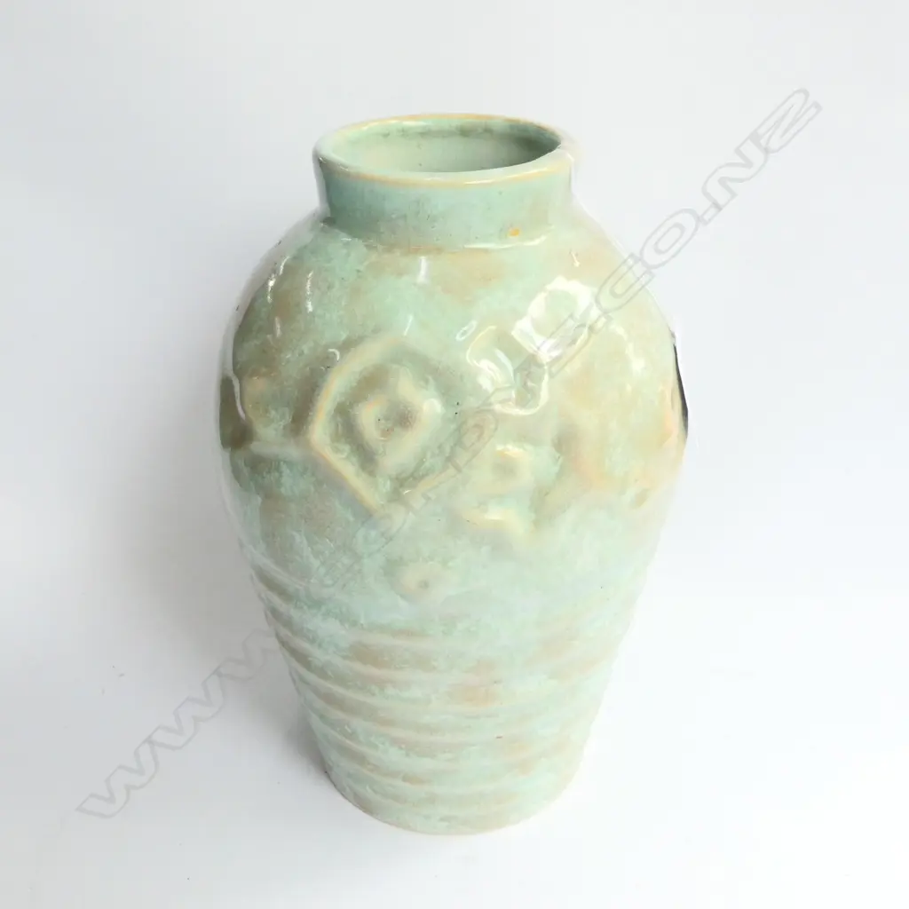 AMBRICO/CROWN LYNN VASE LT GREEN/BRONZY #85 Image 1++