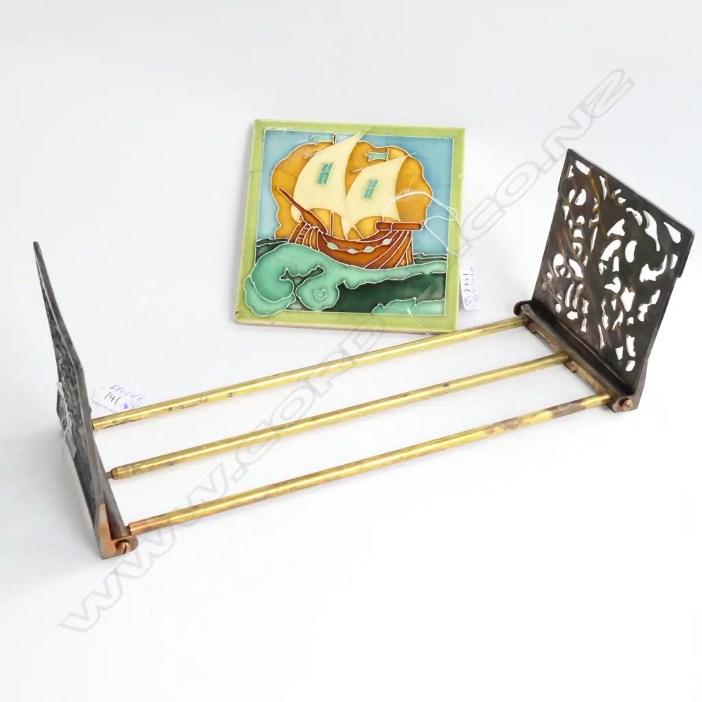 PR ART NOUVEAU EXPANDABLE BRASS/IRON BOOKENDS + OLD DECORATIVE TILE Image 1++