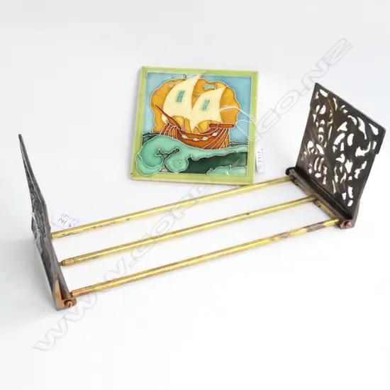 PR ART NOUVEAU EXPANDABLE BRASS/IRON BOOKENDS + OLD DECORATIVE TILE