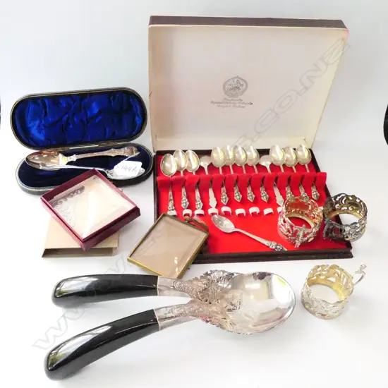 SIL SPOONS (NZ SILVERSMITH MARKED BOX) THAI SIL SERVERS, SET THAI SIL SPOONS, STG SIL CUP FRAMES, ETC