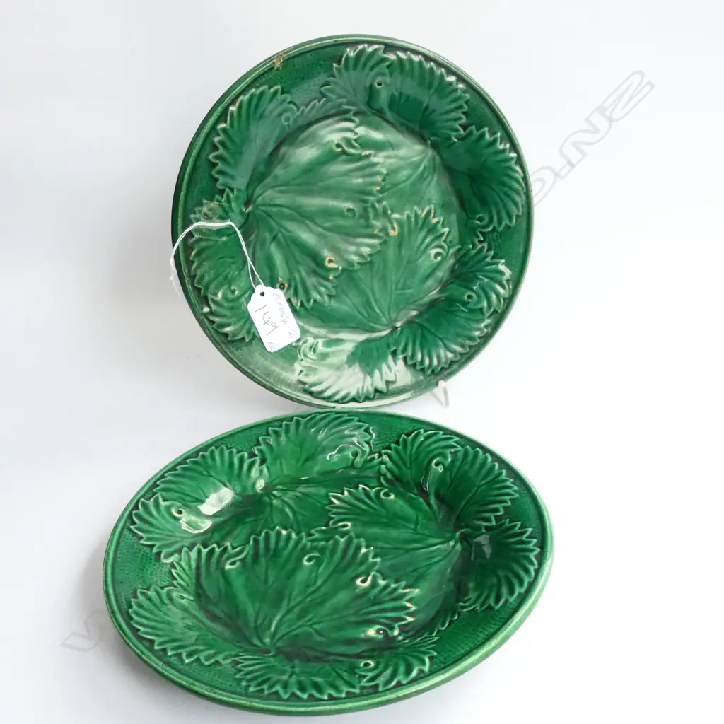 PR 19THC GREEN MAJOLICA LEAF PLATES Dia>210mm Image 1++