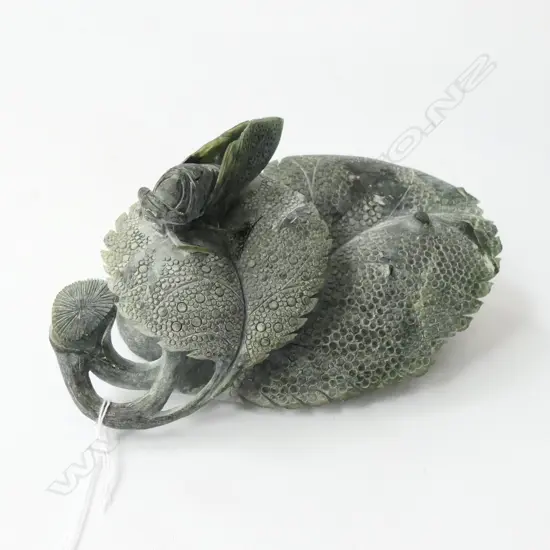 FINELY CARVED NEPHRITE LOCUST LEAF SPRIG. L.170mm 