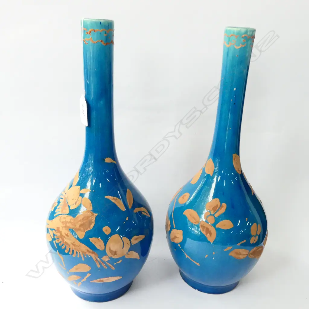 PR OF BLUE GLAZE ORIENTAL VASES WITH OVER PAINTED DECORATION H 370 M Image 1++