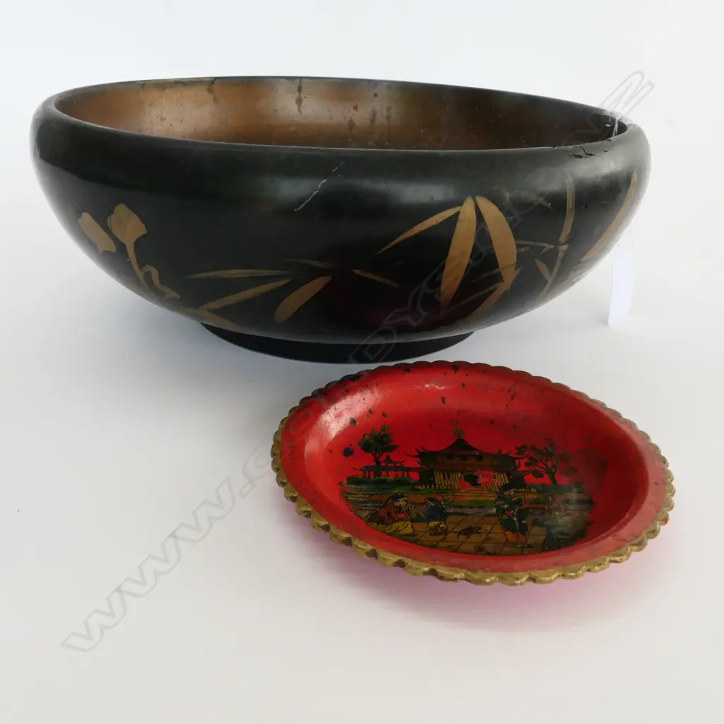 LACQUER ORIENTAL BOWL 250MM DIA AND PIN DISH Image 1++