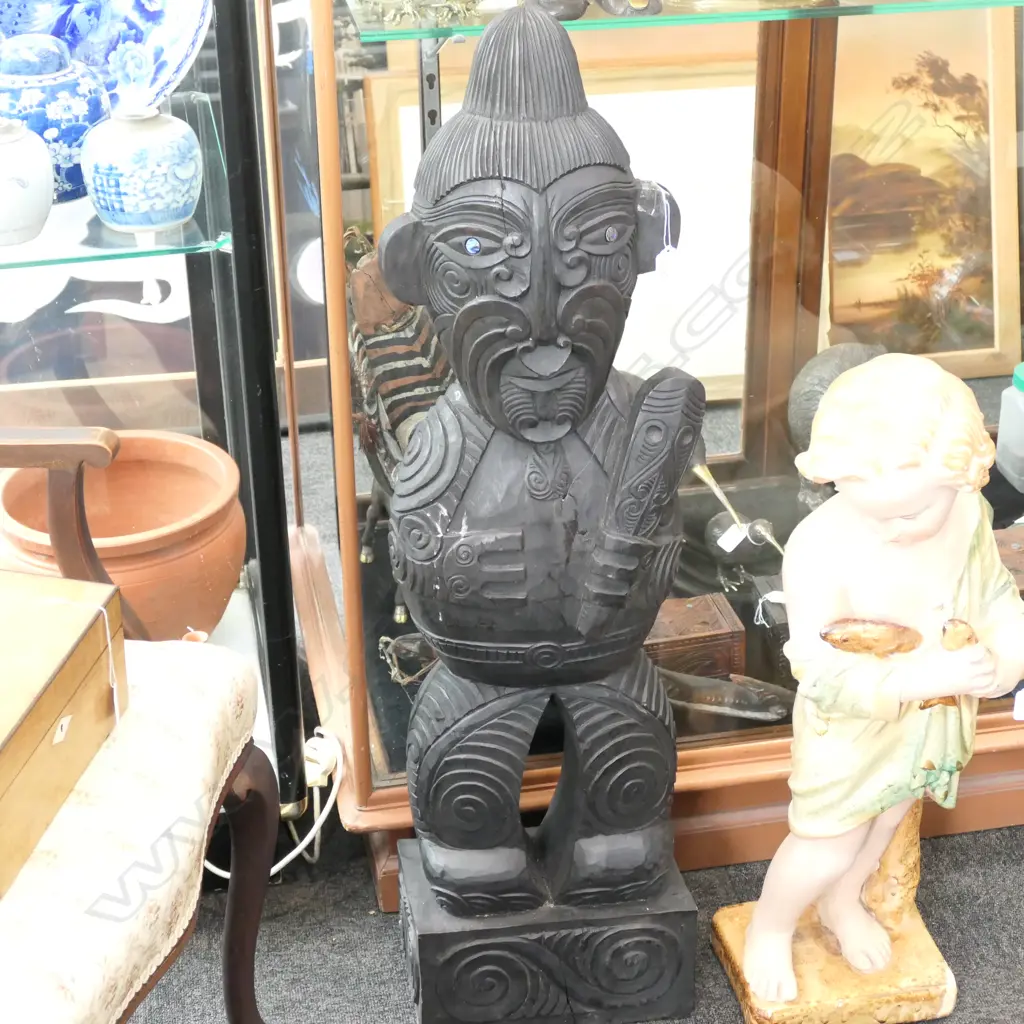 CARVED WOODEN MAORI FIGURE 970MM H Image 1++