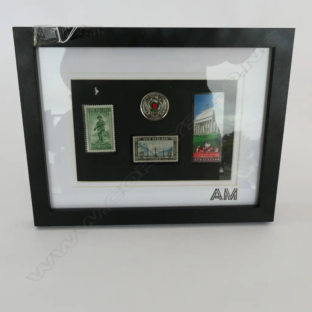 FRAMED NZ STAMP AND COIN COLLECTION 220 X 170MM  Image 1++