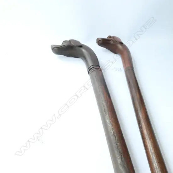 2 CARVED WOODEN DOG HEADED WALKING STICKS 970MM L