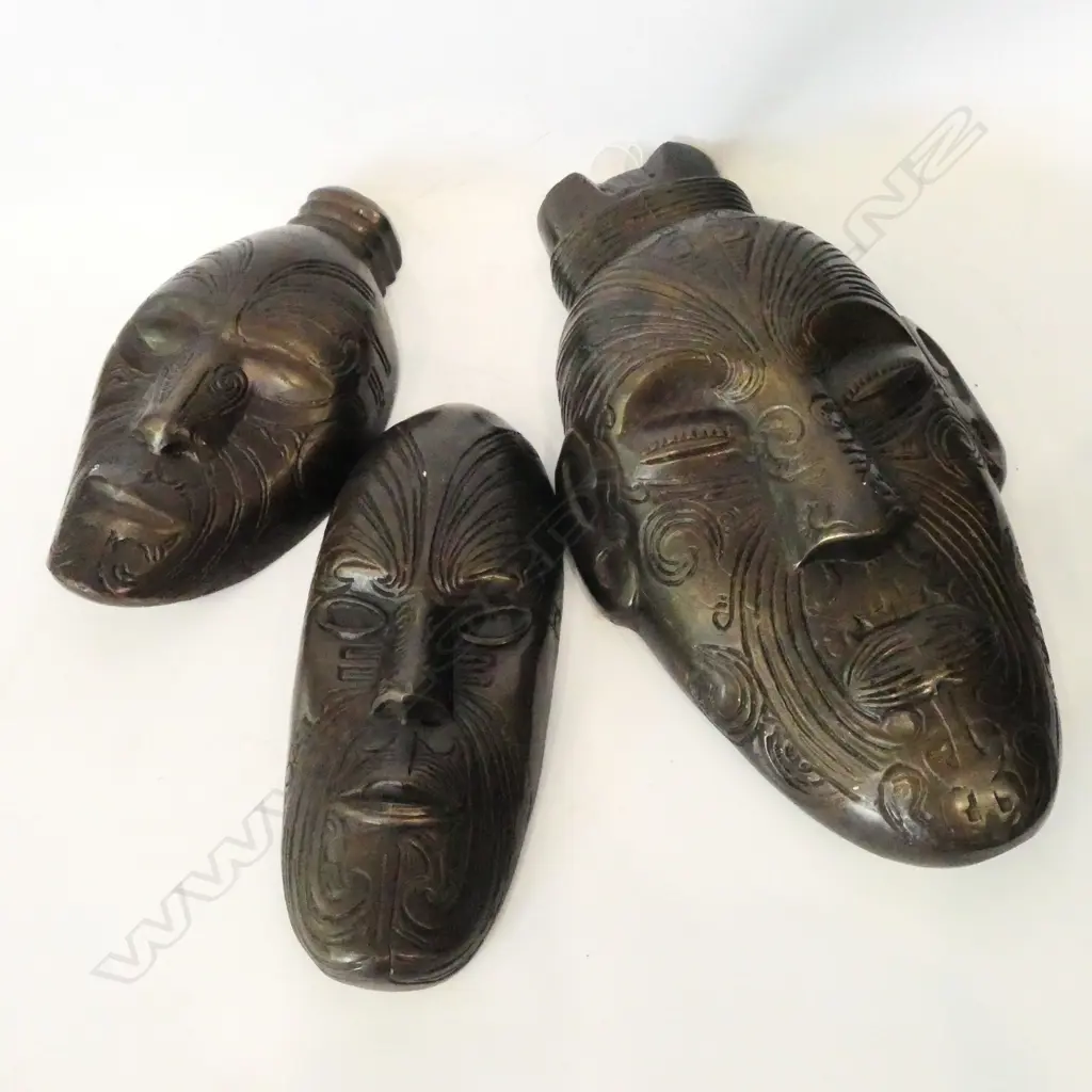3 BRONZE MAORI FACES Image 1++