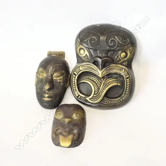 3 BRONZE MAORI FACES, 2 SMALL, 1 LARGE