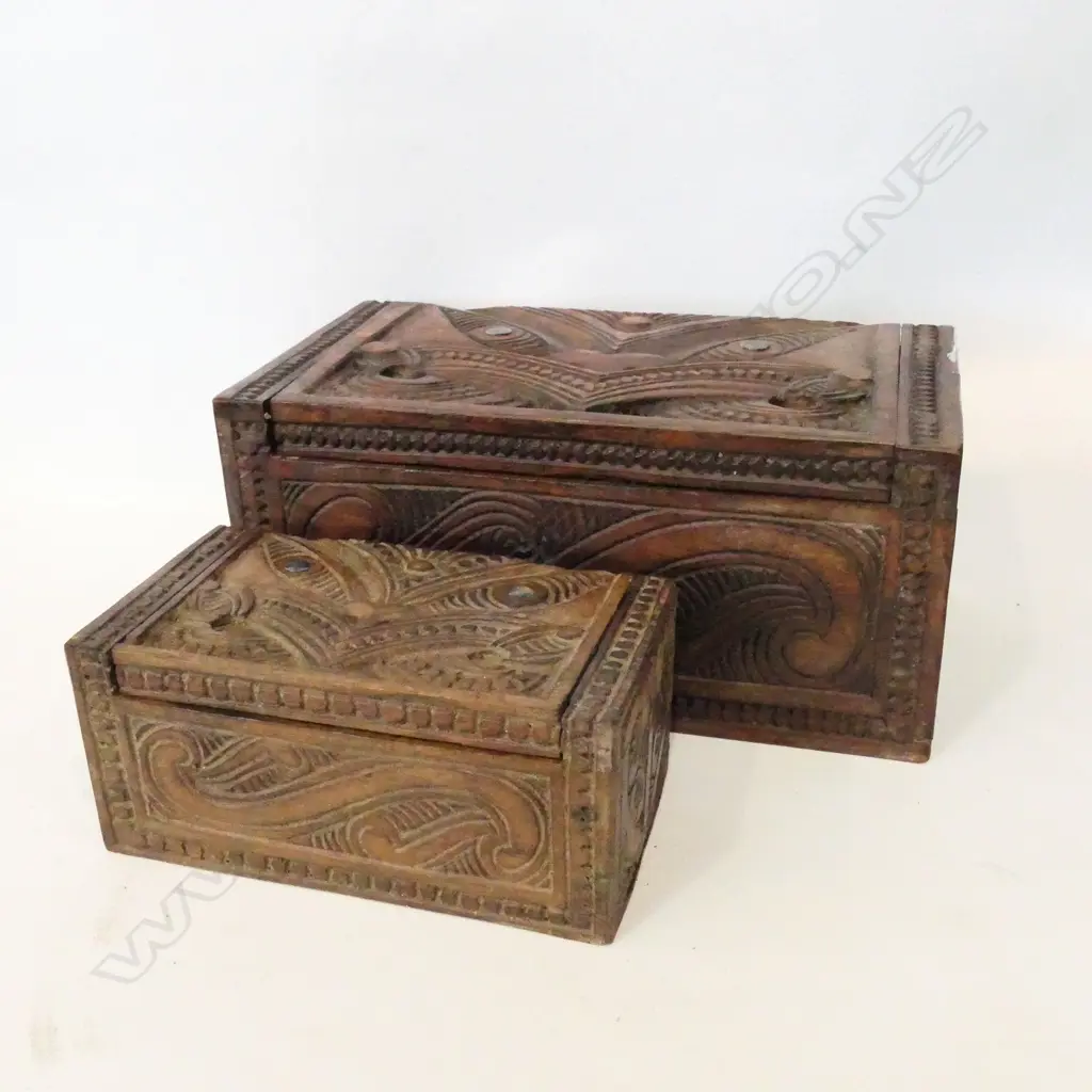2 CARVED WOODEN MAORI BOXES 235MM L Image 1++