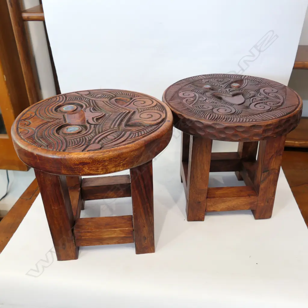 PR CARVED WOODEN MAORI STOOLS 260MM DIA Image 1++