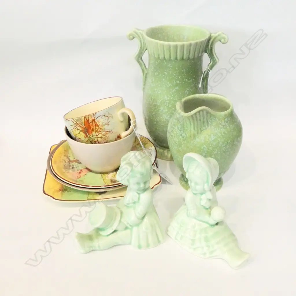 9 PCES ASST CHINA; GREEN VASES, BOOKENDS, DOULTON TRIO, POOLE Image 1++