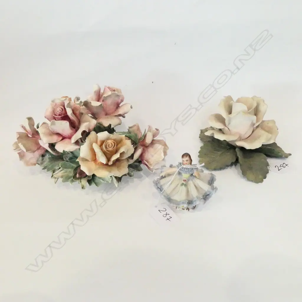 TWO ITALIAN CERAMIC FLOWERS AND DRESDEN GIRL Image 1++