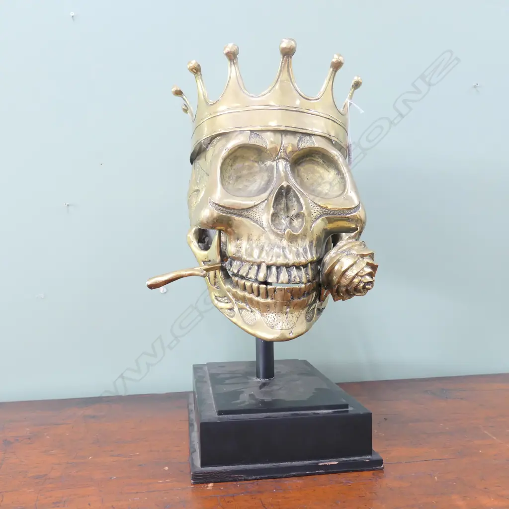 BRONZE SKULL WITH ROSE AND CROWN ON STAND 480MM H Image 1++