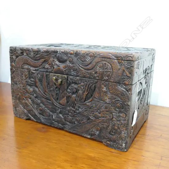 OLD CHINESE CARVED CAMPHOR WOODEN DEEDS BOX, L. 350MM