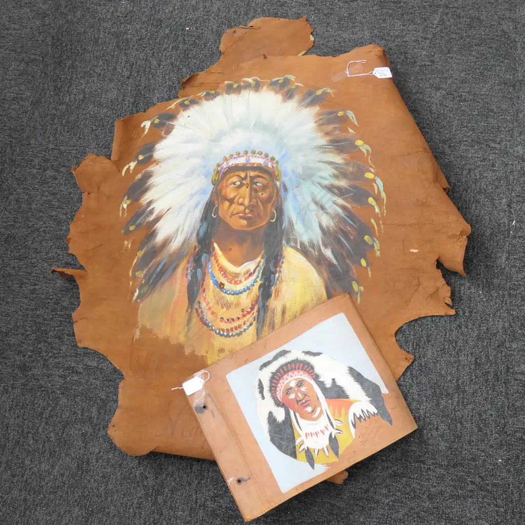 TWO NATIVE AMERICAN CHIEFS PAINTED ON LEATHER 900MM L Image 1++