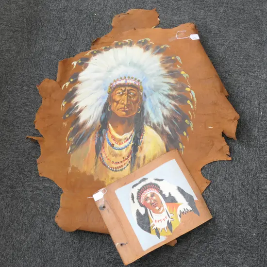 TWO NATIVE AMERICAN CHIEFS PAINTED ON LEATHER 900MM L