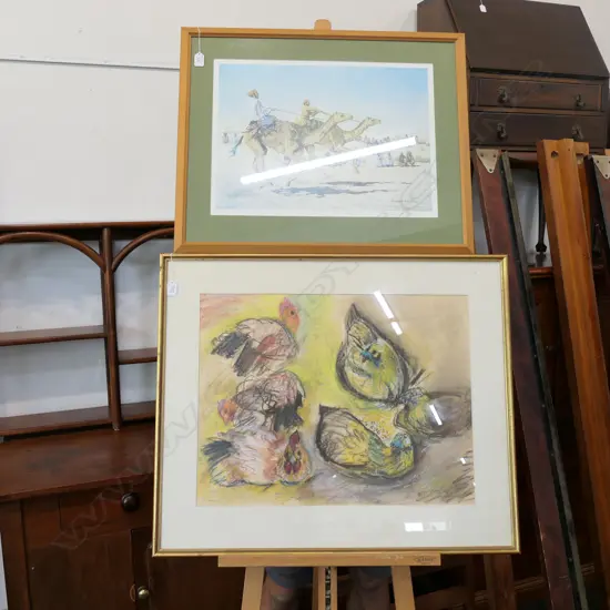 2 ARTWORKS; P. M. OTTO HENS PASTEL '86 840 X 700MM, DAVID WILLIS RACING CAMEL PRINT ED. 40/200