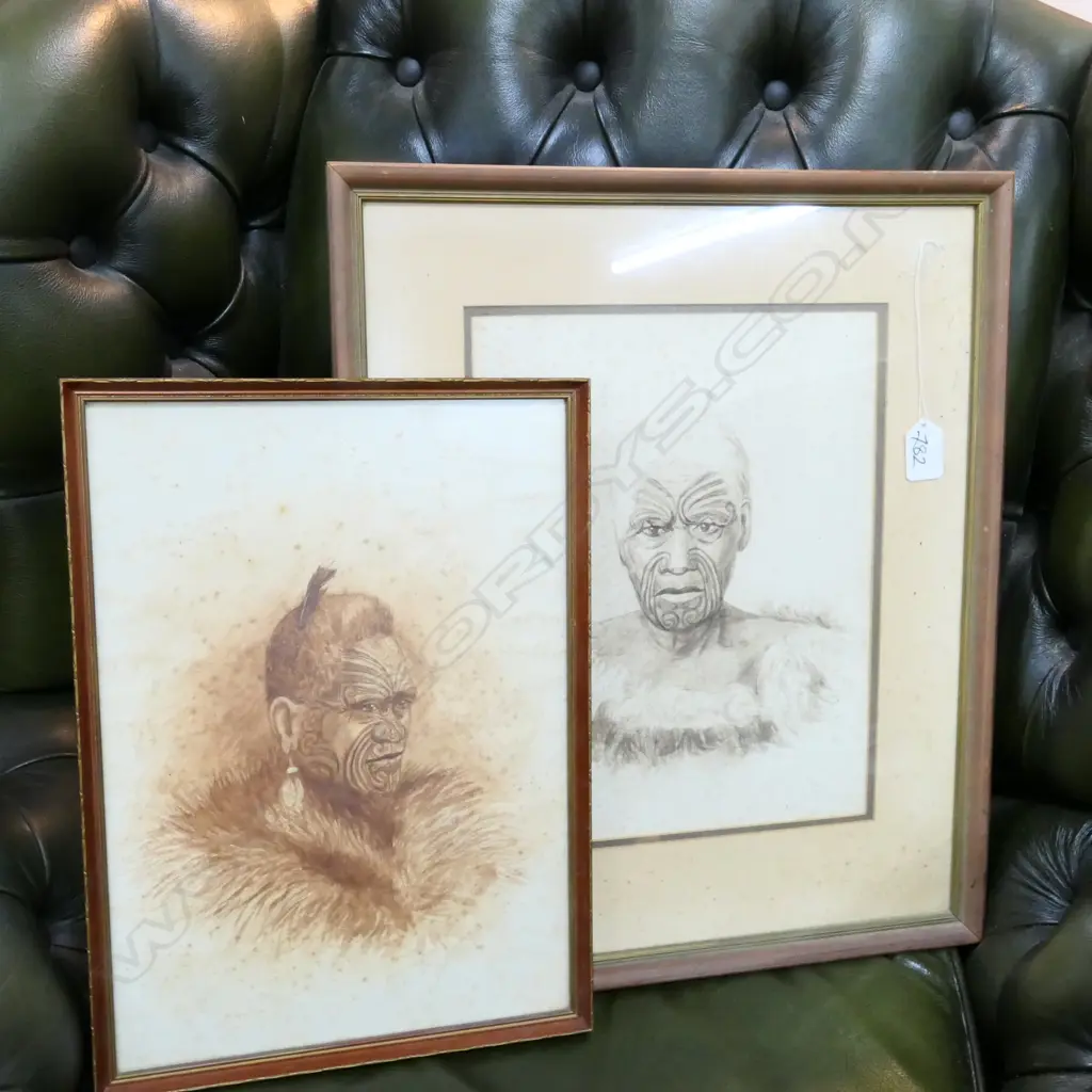 2 FRAMED MAORI PORTRAITS-W/C - FOXXING. LARGEST 320 X 250MM Image 1++