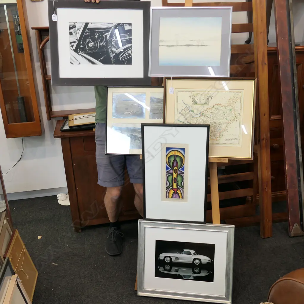6 ARTWORKS; PR CAR PHOTOGRAPHS, MAP OF CHESTER, 4 FRAMED B/W FARM PHOTGRAPHS, W/C AND ABSTRACT OIL Image 1++