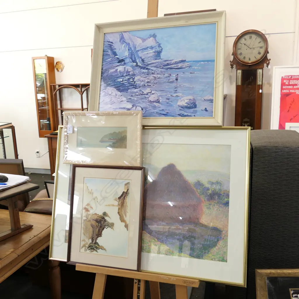 4 ARTWORKS; MONET HAYSTACK, BEACH SCENE, ASIAN STRAW PICTURE, W/C Image 1++