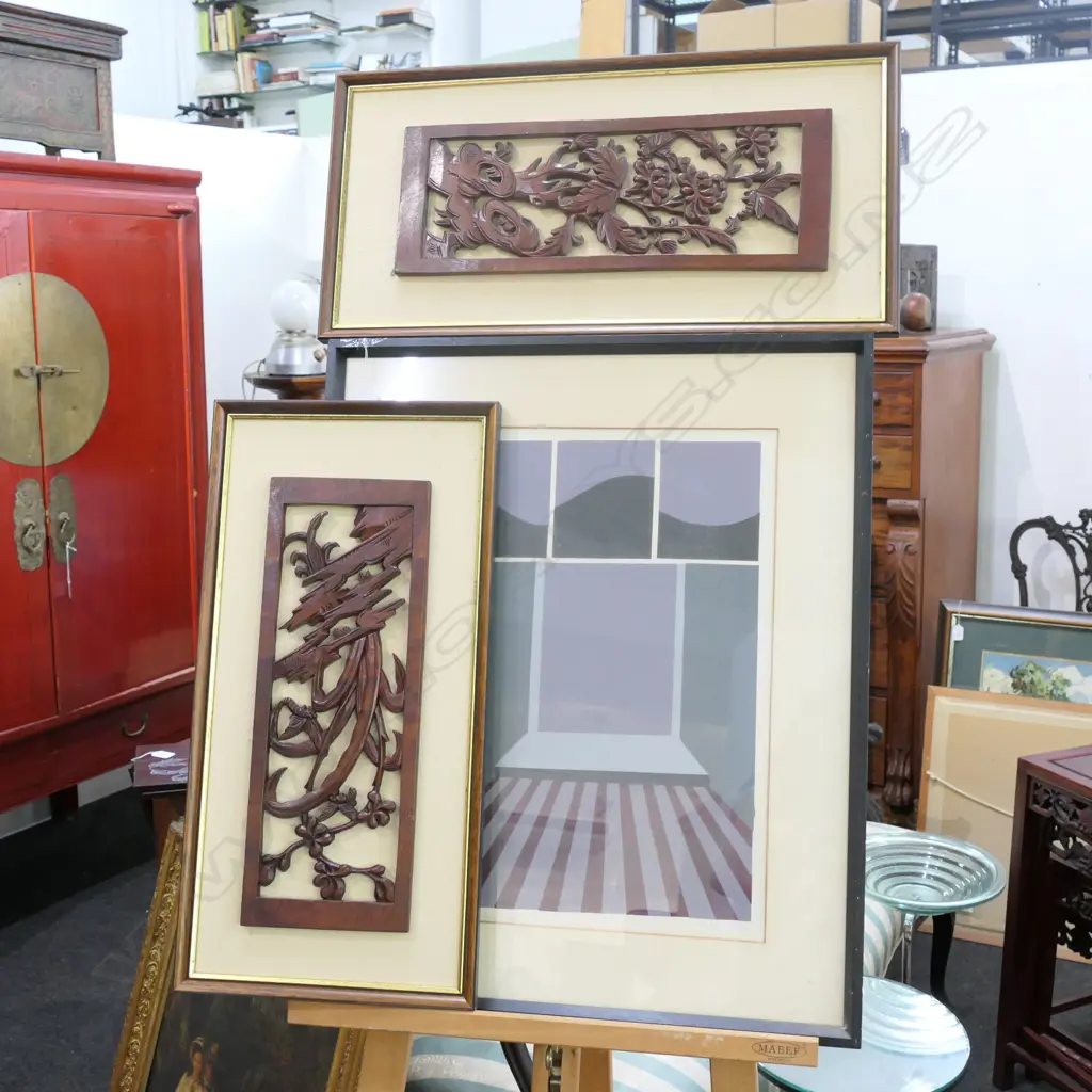 M L BROWN PRINT 4/10 'WINDOW WITH A VIEW' 655 X 540MM PLUS 2 FRAMED PANEL ASIAN CARVINGS Image 1++