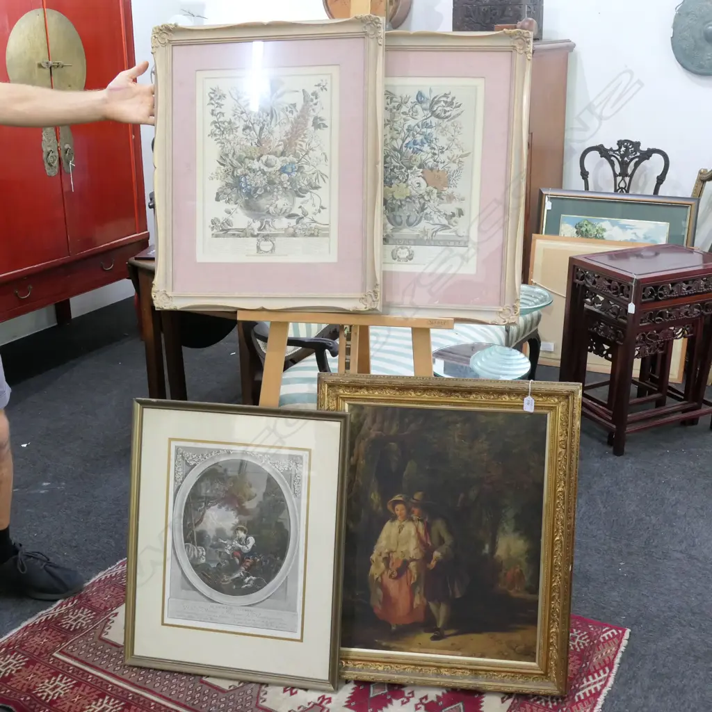 4 PRINTS; FRENCH ETCHING, 2 FLORAL ARRANGEMENTS, 'THE OLD OLD TALE' Image 1++