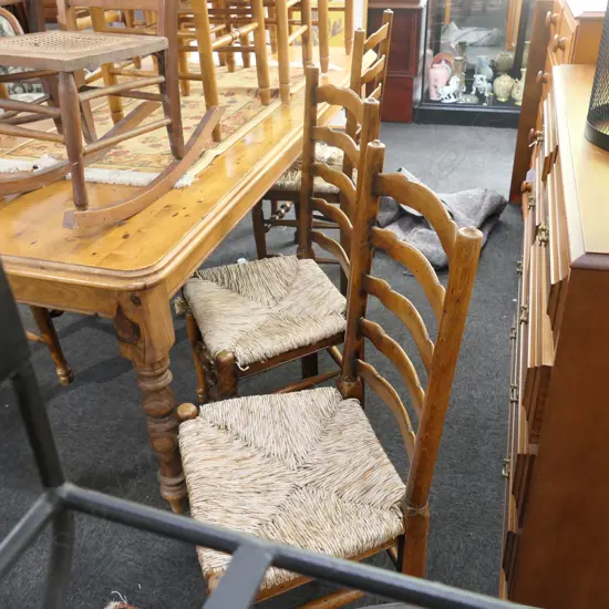 6 RUSH SEATED OAK LADDERBACK CHAIRS