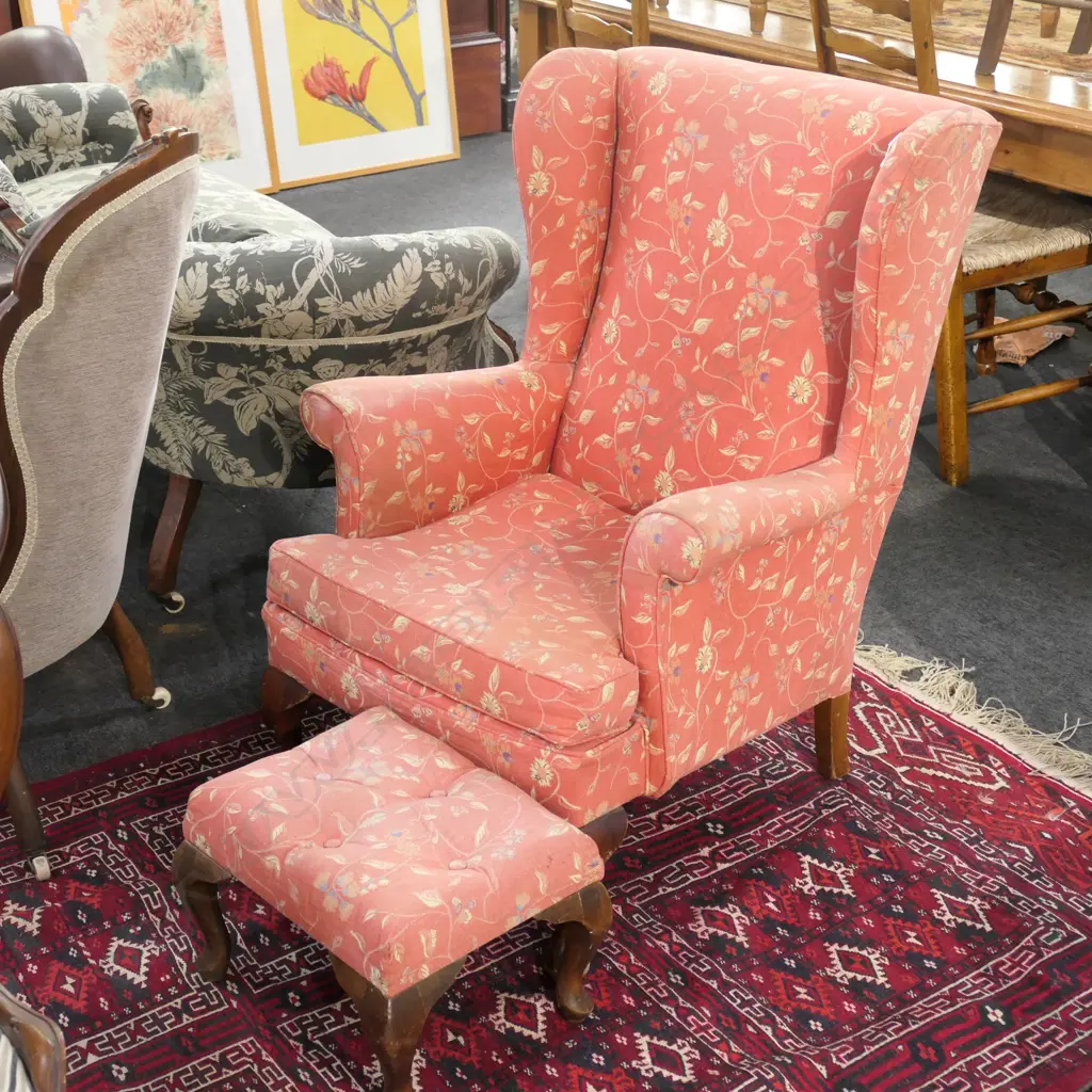 PARKER KNOLL WINGBACK ARMCHAIR AND MATCHING STOOL Image 1++