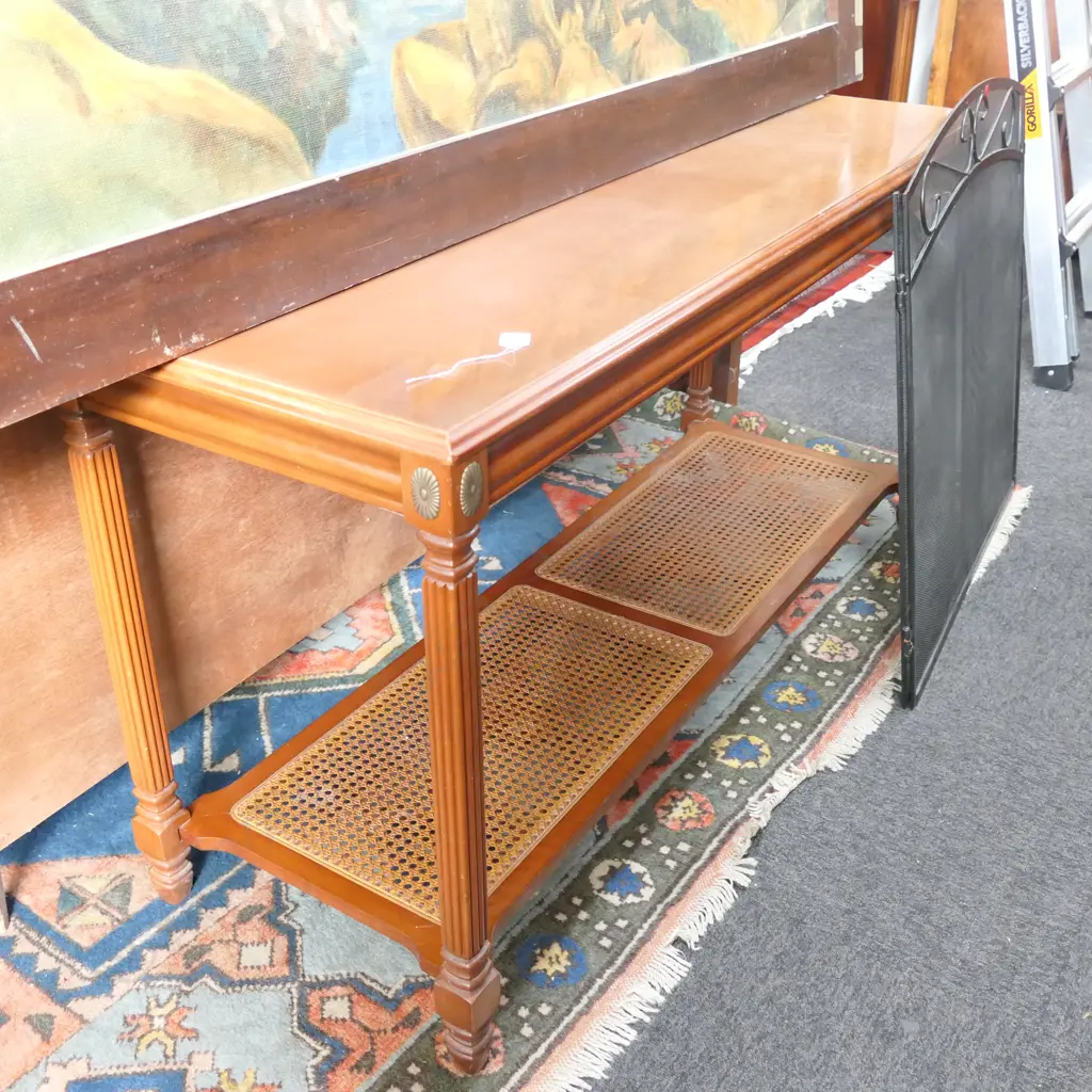 MAHOGANY HALL TABLE WITH RATTAN FILLED BASE L 1310 MM SUN DAMAGED Image 1++