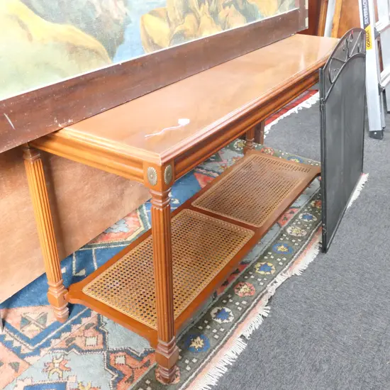 MAHOGANY HALL TABLE WITH RATTAN FILLED BASE L 1310 MM SUN DAMAGED