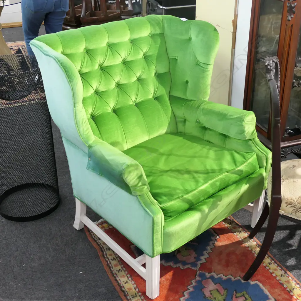 PERIDOT GREEN WING BACK CHAIR  (faded on one side and at back) Image 1++