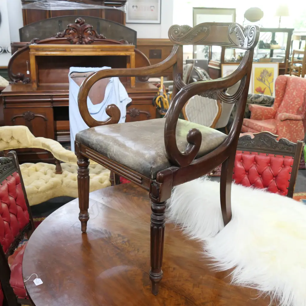 REGENCY MAHOGANY CARVER CHAIR LEATHER SEAT Image 1++
