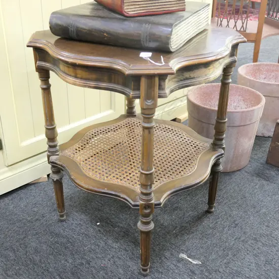 SCALLOP EDGED 2 TIER SIDE TABLE, MAHOGANY & WICKEM CANE H.615MM