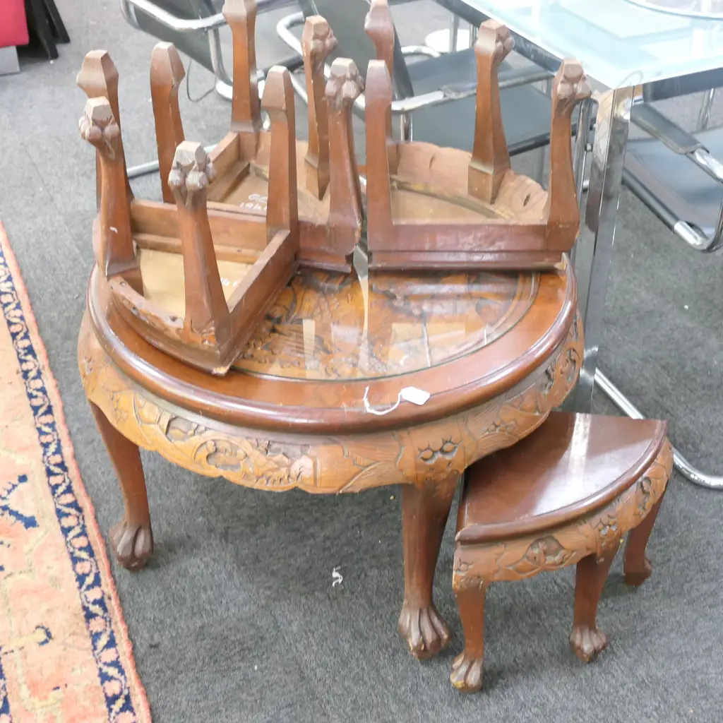 ROUND GLASS TOPPED CHINESE TABLE WITH FOUR STOOLS Image 1++