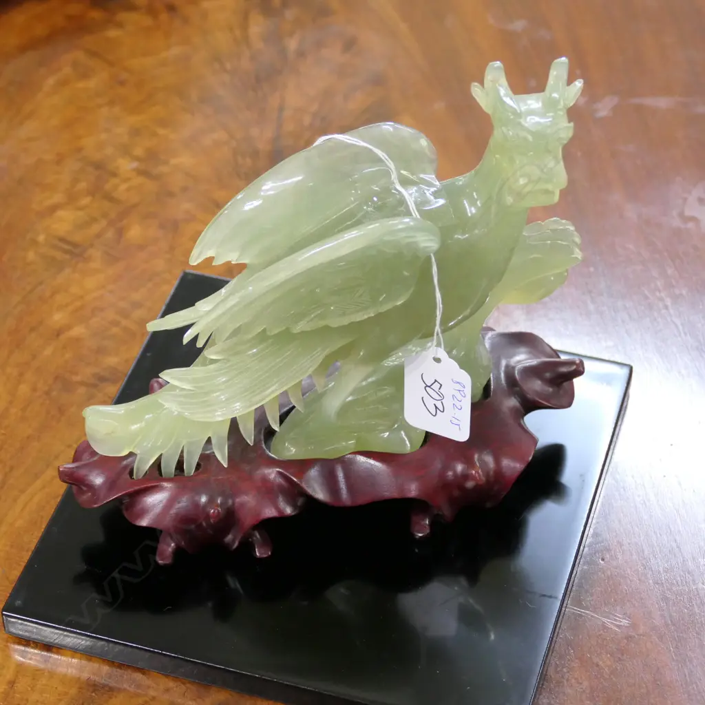 CHINESE CARVED CHRYSOPRASE DRAGON ON WOODEN STAND Image 1++