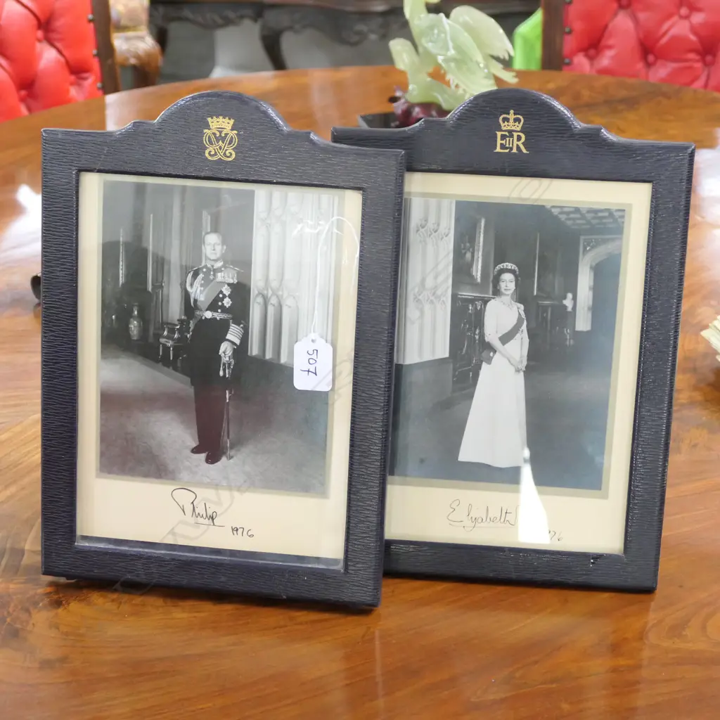 PR FORMAL PHOTOS QUEEN ELIZABETH & PHILIP, IN LEATHER STRUT FRAMES, SIGNED & DATED 1976 Image 1++