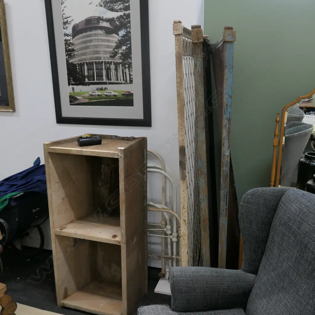 3 WIREFRAME BED BASES AND WHITE IRON BED ENDS Image 1++