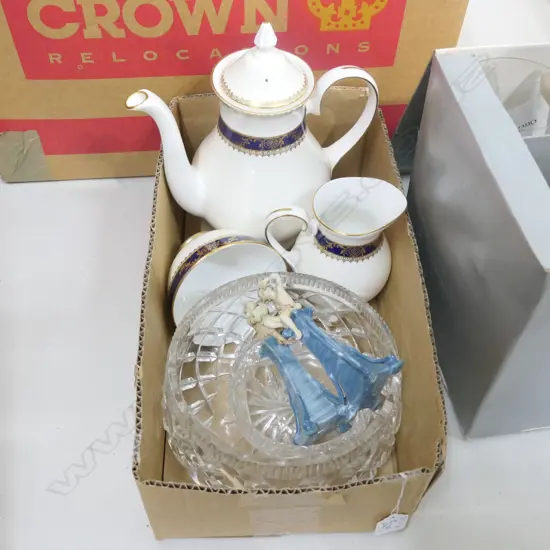BOX OF CRYSTAL BOWL, GRAFTON COFFEE SERVICE & 2 PORCELAIN FIGURES