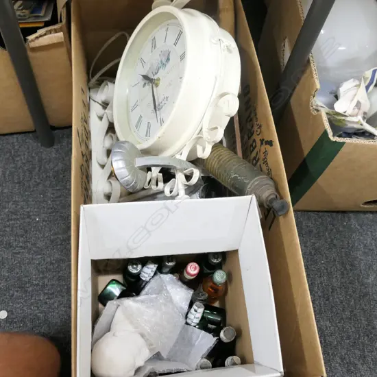 LOT CLOCK/BRASS/MINIATURE BOTTLES ETC