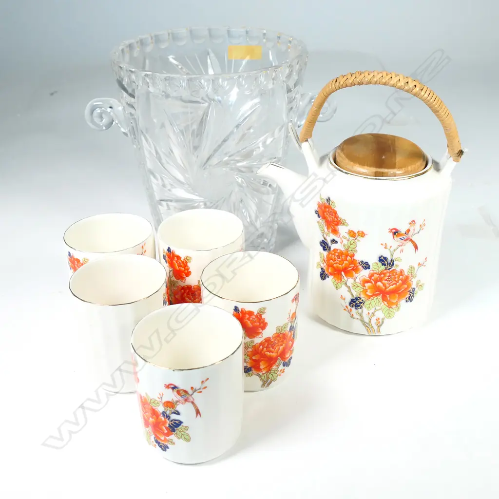 LEAD CRYSTAL ICE BUCKET, H.180MM & EATAKE FLORAL BONE TEAPOT & 4 CUPS Image 1++