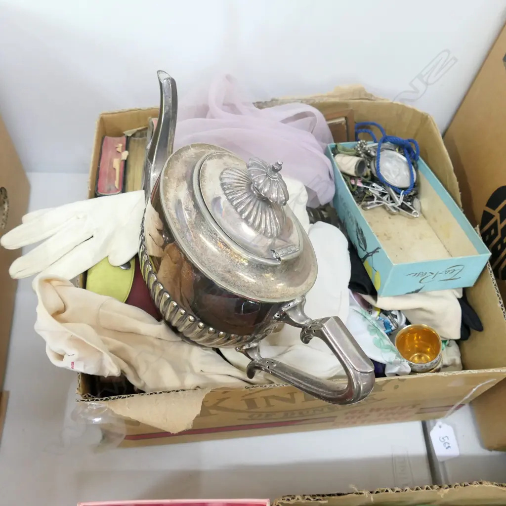 BOX LOT PRAYER BOOKS, BIBLES, GLOVES, JEWELRY ETC Image 1++