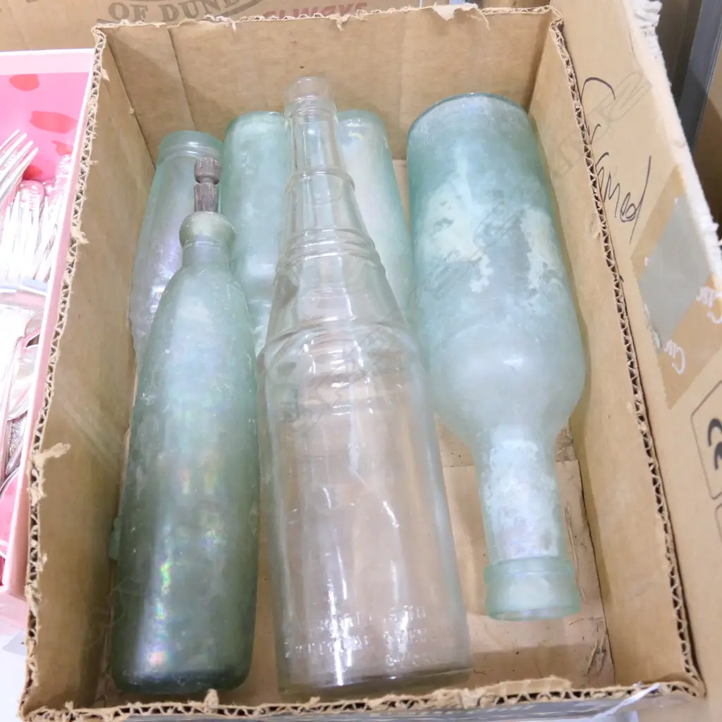 BOX LOT MISTY GLASS BOTTLES PLUS ONE CLEAR: WHITTOME STEVENSON AUCKLAND Image 1++